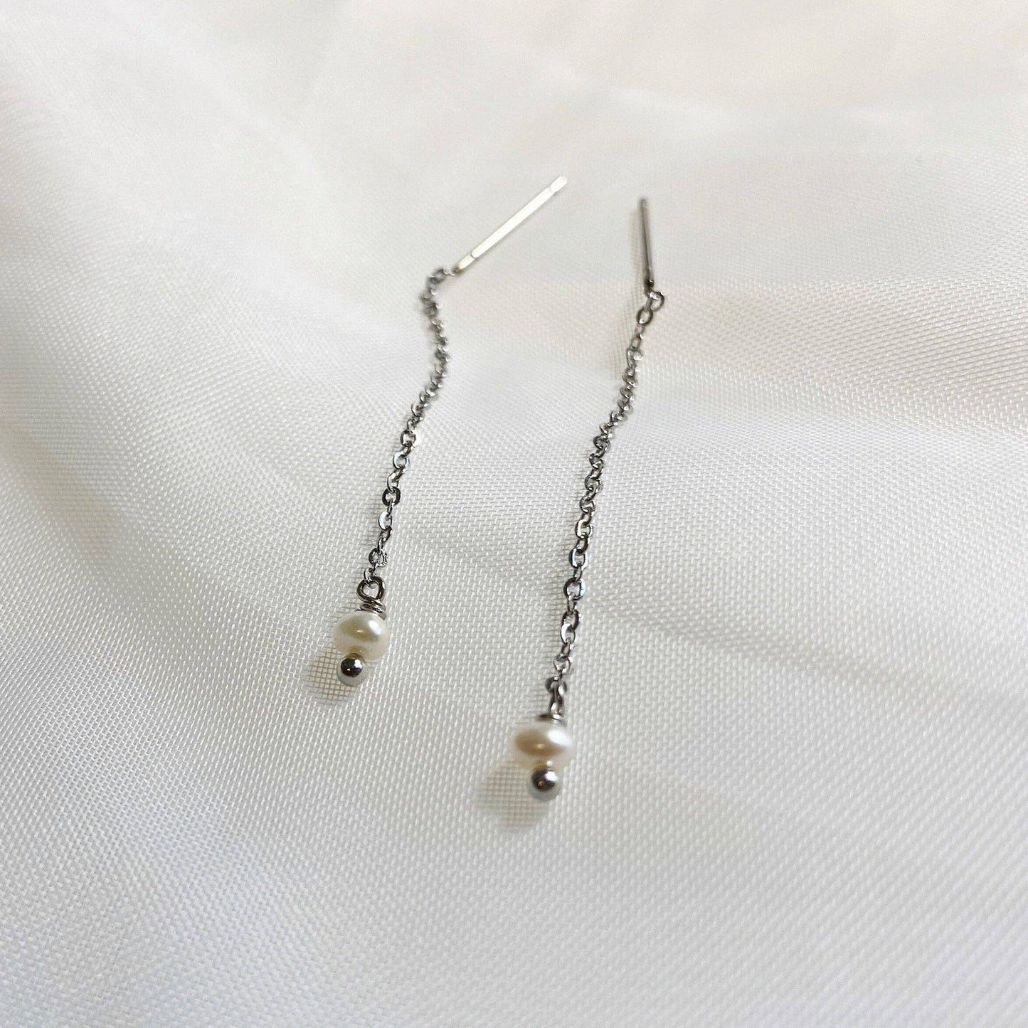 Dainty Minimalist Pearl Threader Earrings