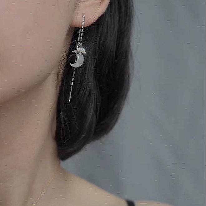 Crescent Moon & Pearl Threader Earrings