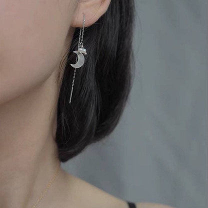 Crescent Moon & Pearl Threader Earrings