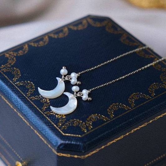 Crescent Moon & Pearl Threader Earrings