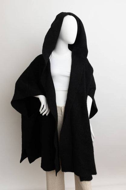 Cozy Plush Black Hooded Ruana Wrap